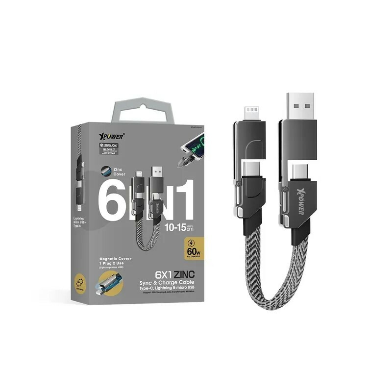 XPower 6X1 6合1 60W PD3.0 鋅合金傳輸充電短線