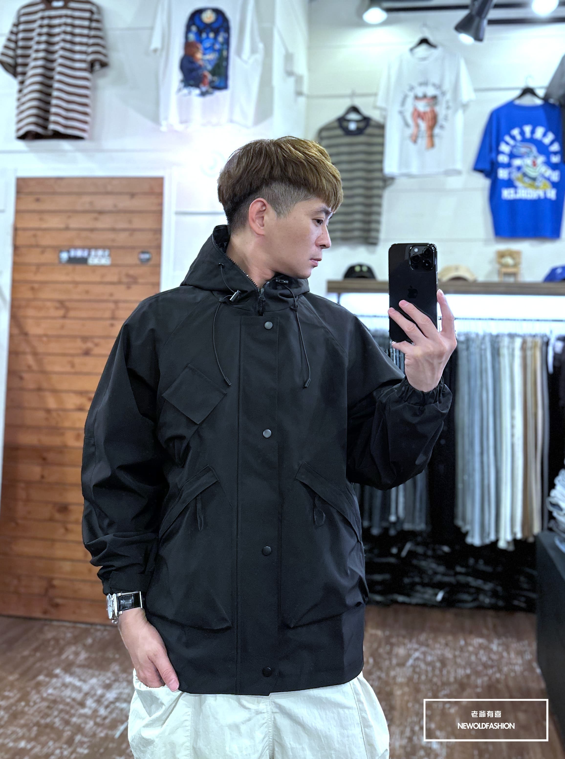 『新品上市』重磅斜口袋釘釦機能外套-黑(NOF23095244)