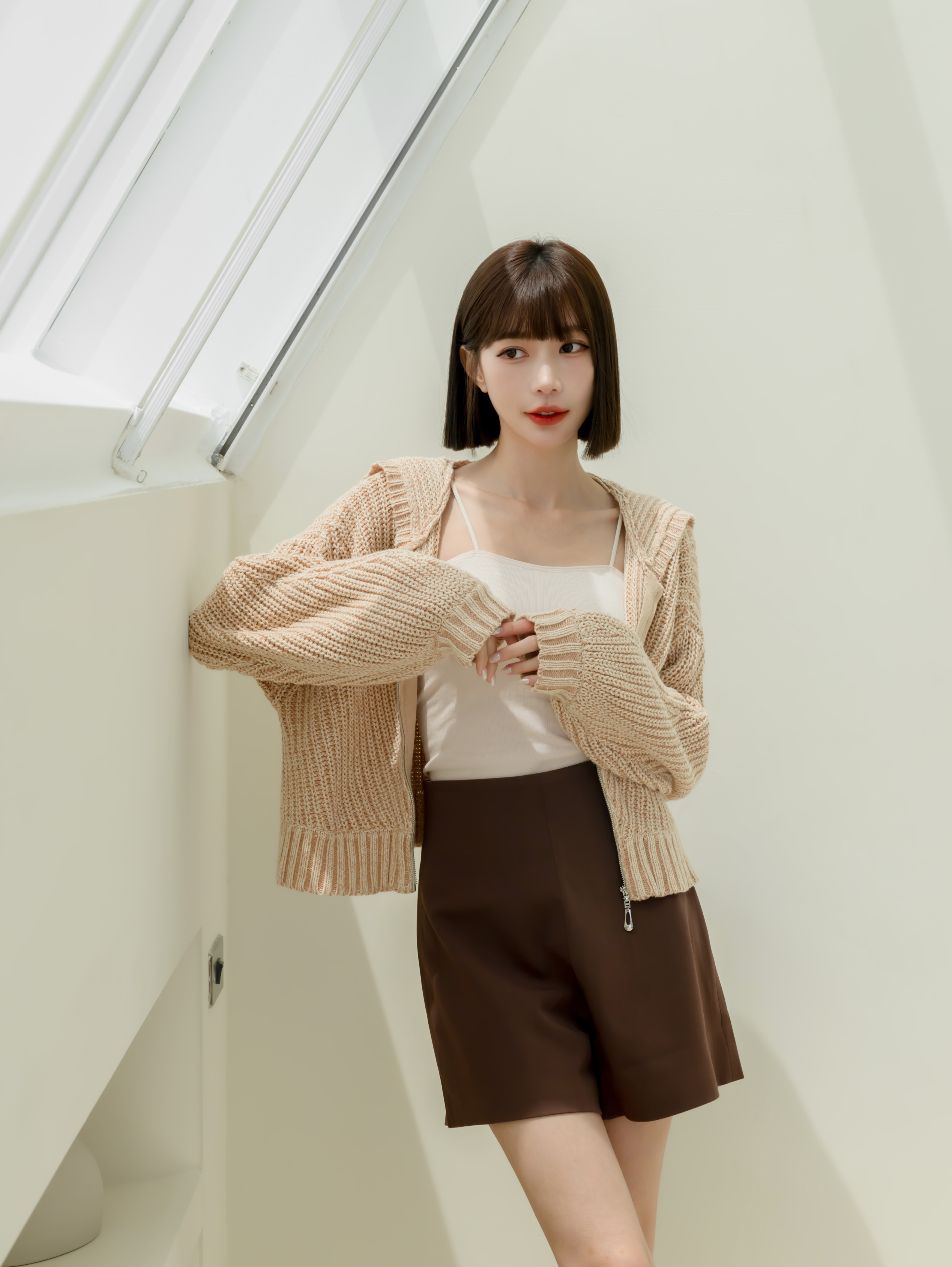 特殊雙色編織連帽上衣-拿鐵色