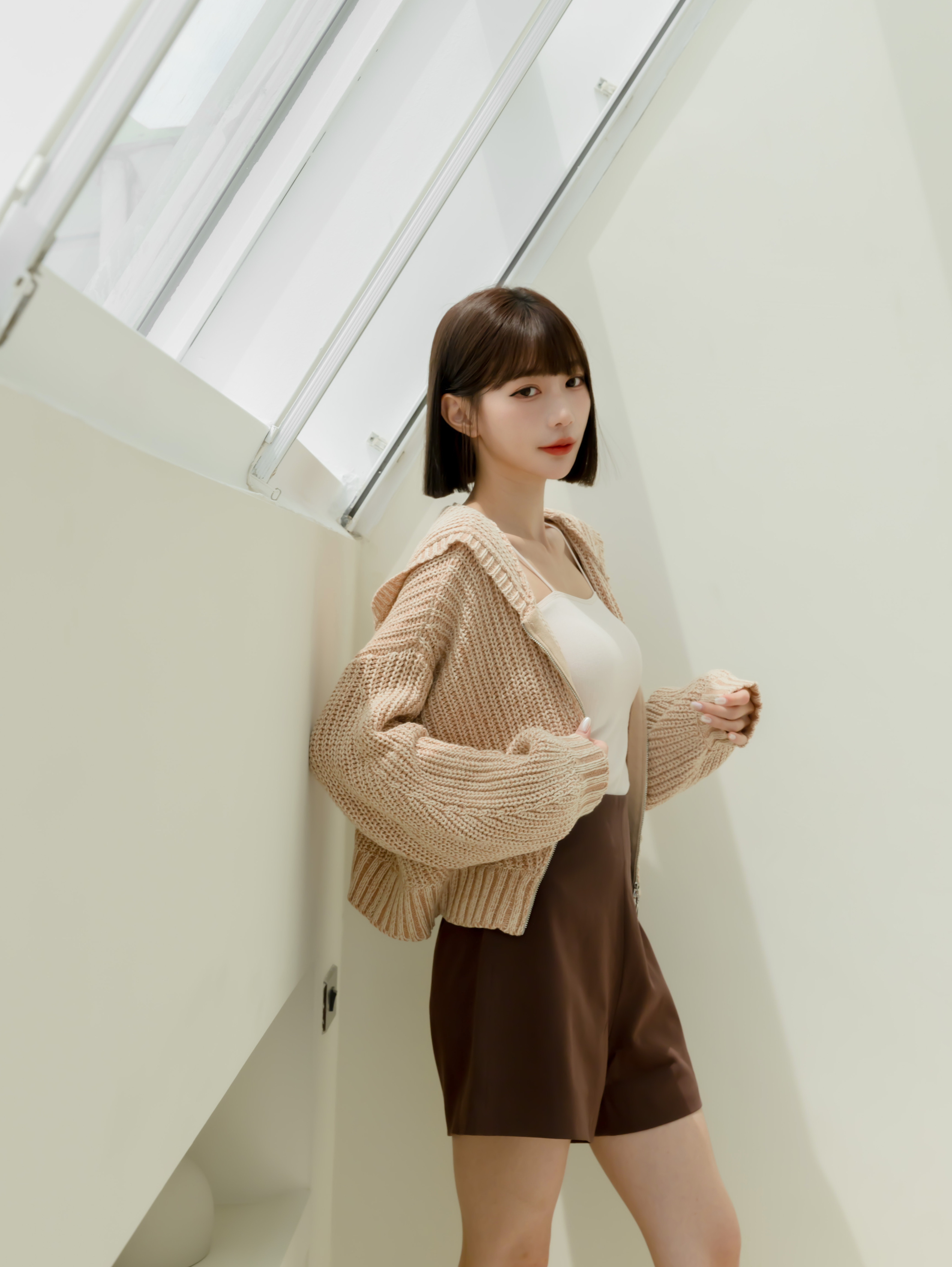 特殊雙色編織連帽上衣-拿鐵色