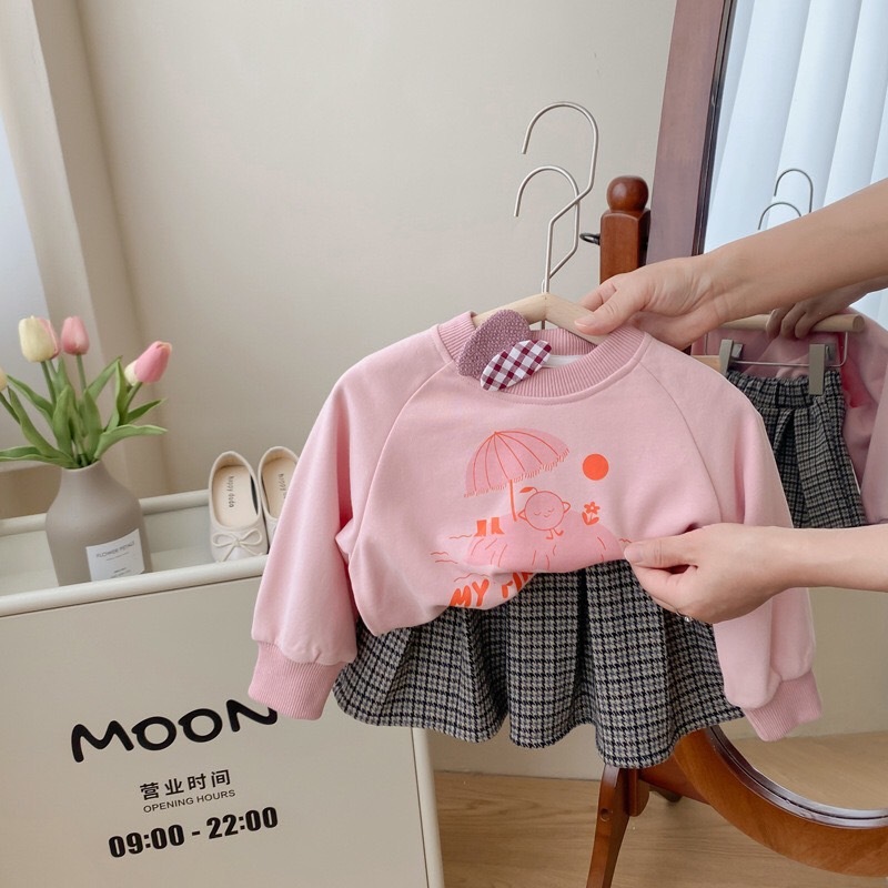 粉色海灘小孩上衣+格子裙