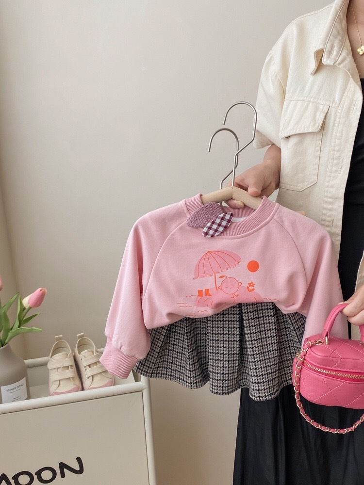 粉色海灘小孩上衣+格子裙