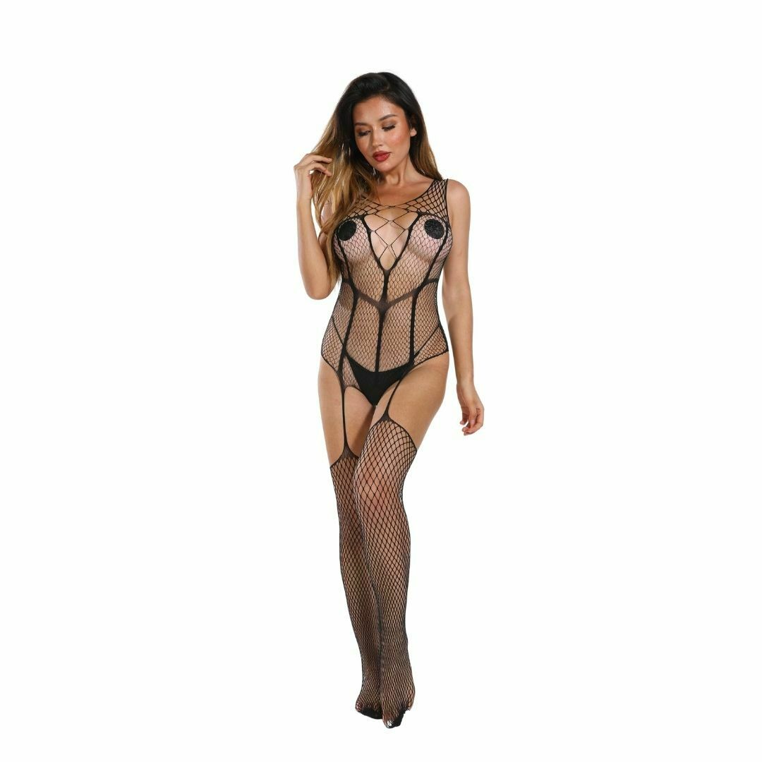 See-through bundled line design stockings jumpsuit 4770