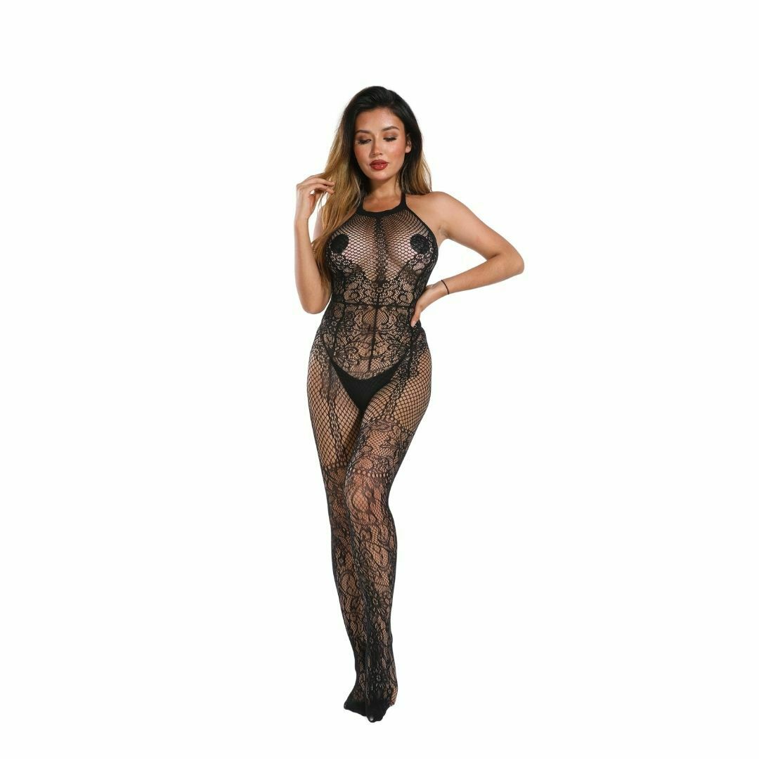 Halter neck floral design stockings jumpsuit 4835