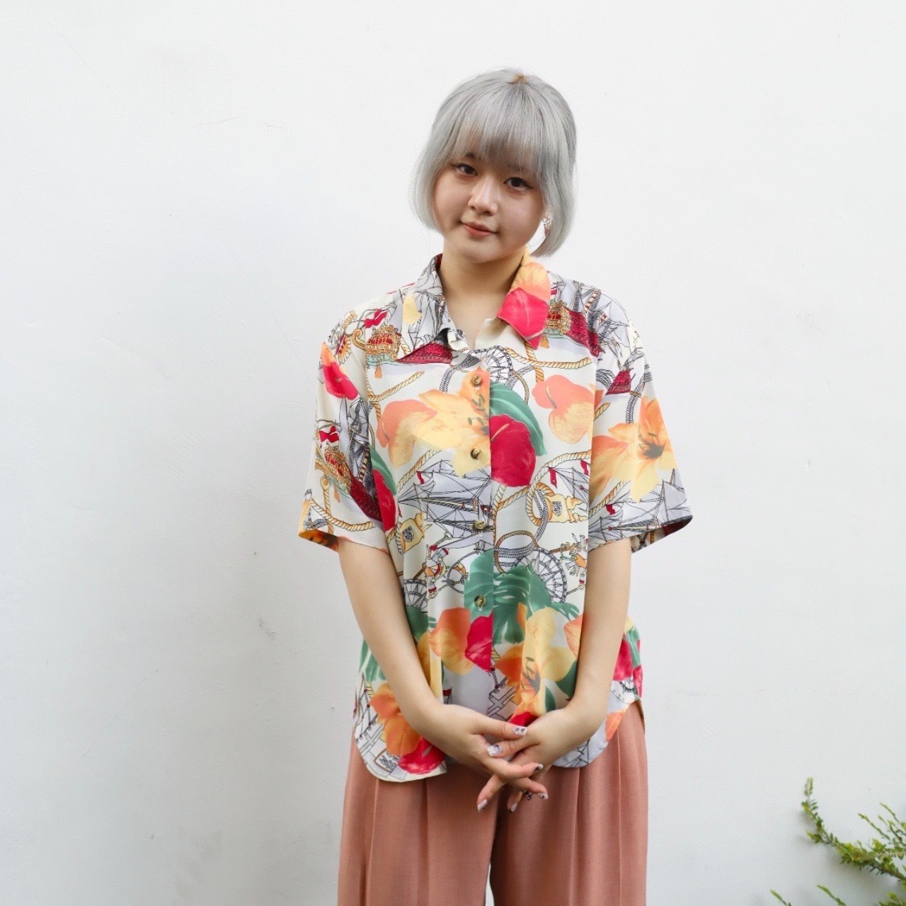 航海圖案配心形葉紋短袖上衣