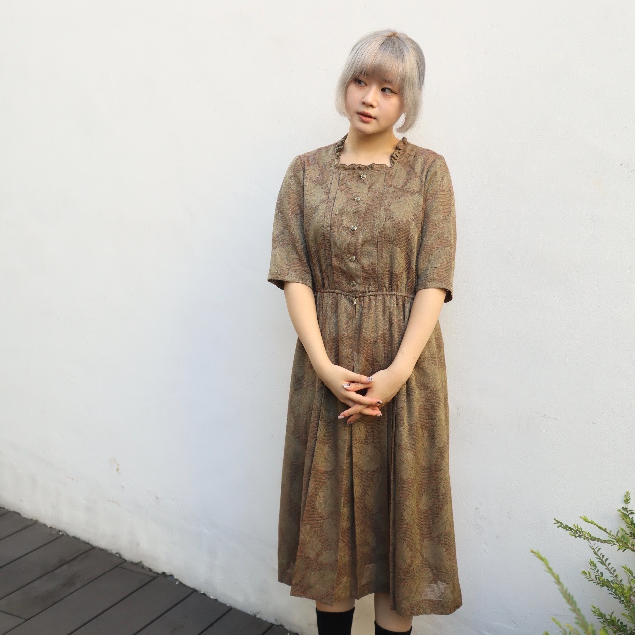 墨綠色葉子立體圖紋連身裙