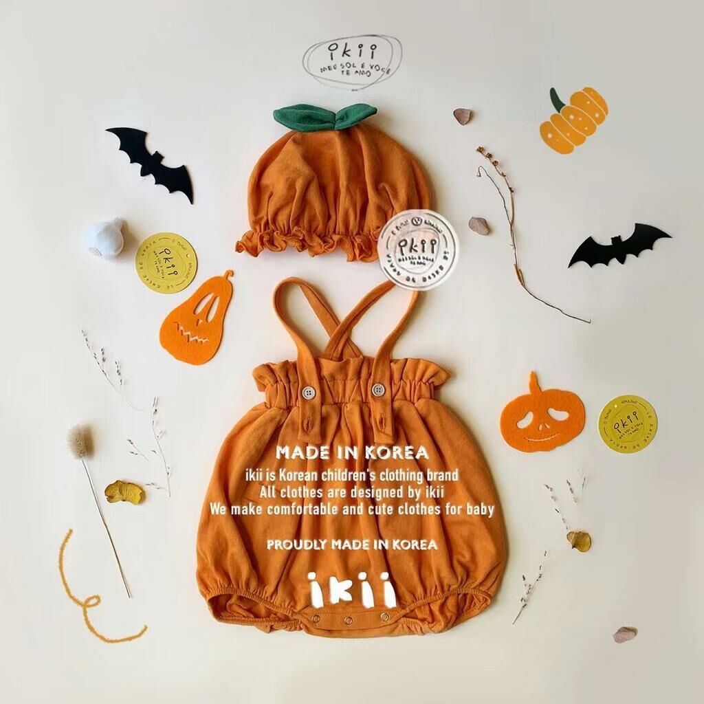 (現貨) 韓國直送ikii Halloween Pumpkin 吊帶褲+帽仔set