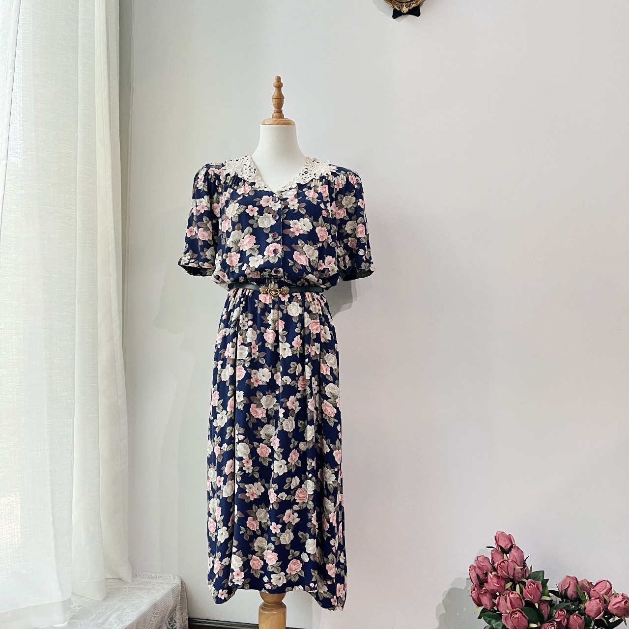 E.D.MICHAELS 80s 深藍浪漫感大花古著連身裙