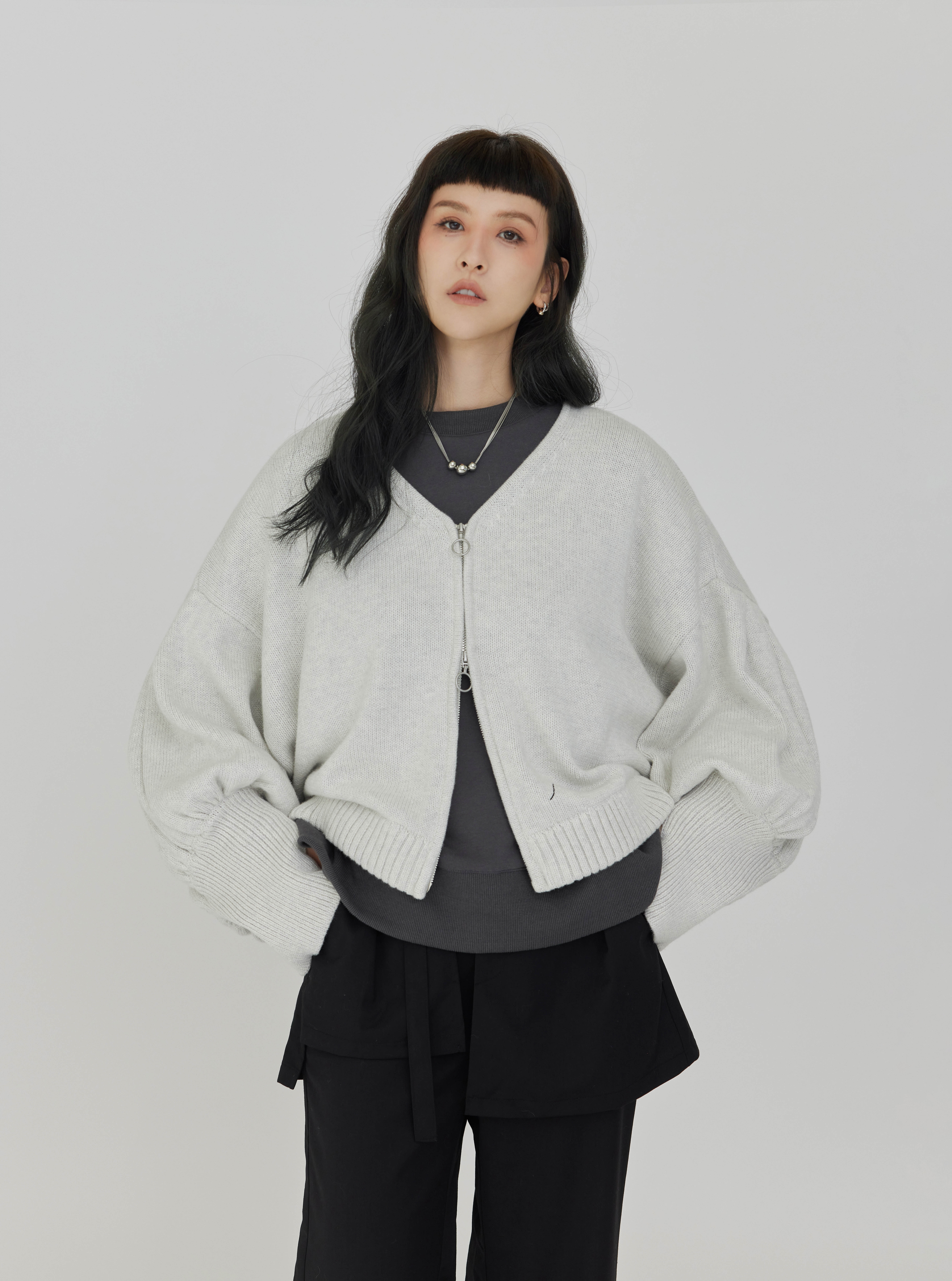 Puff-Sleeve Knit Jacket | Light Gray