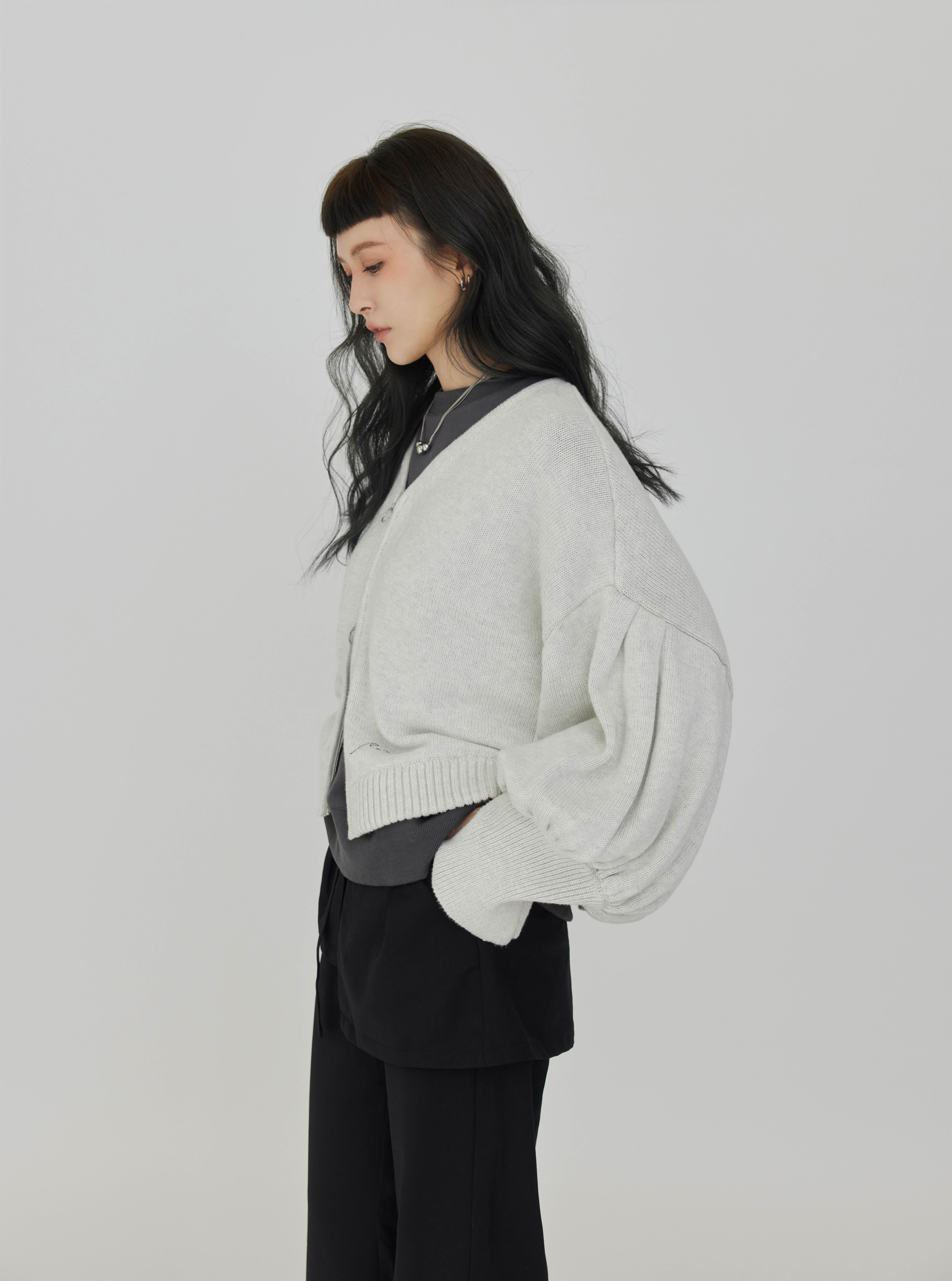 Puff-Sleeve Knit Jacket | Light Gray