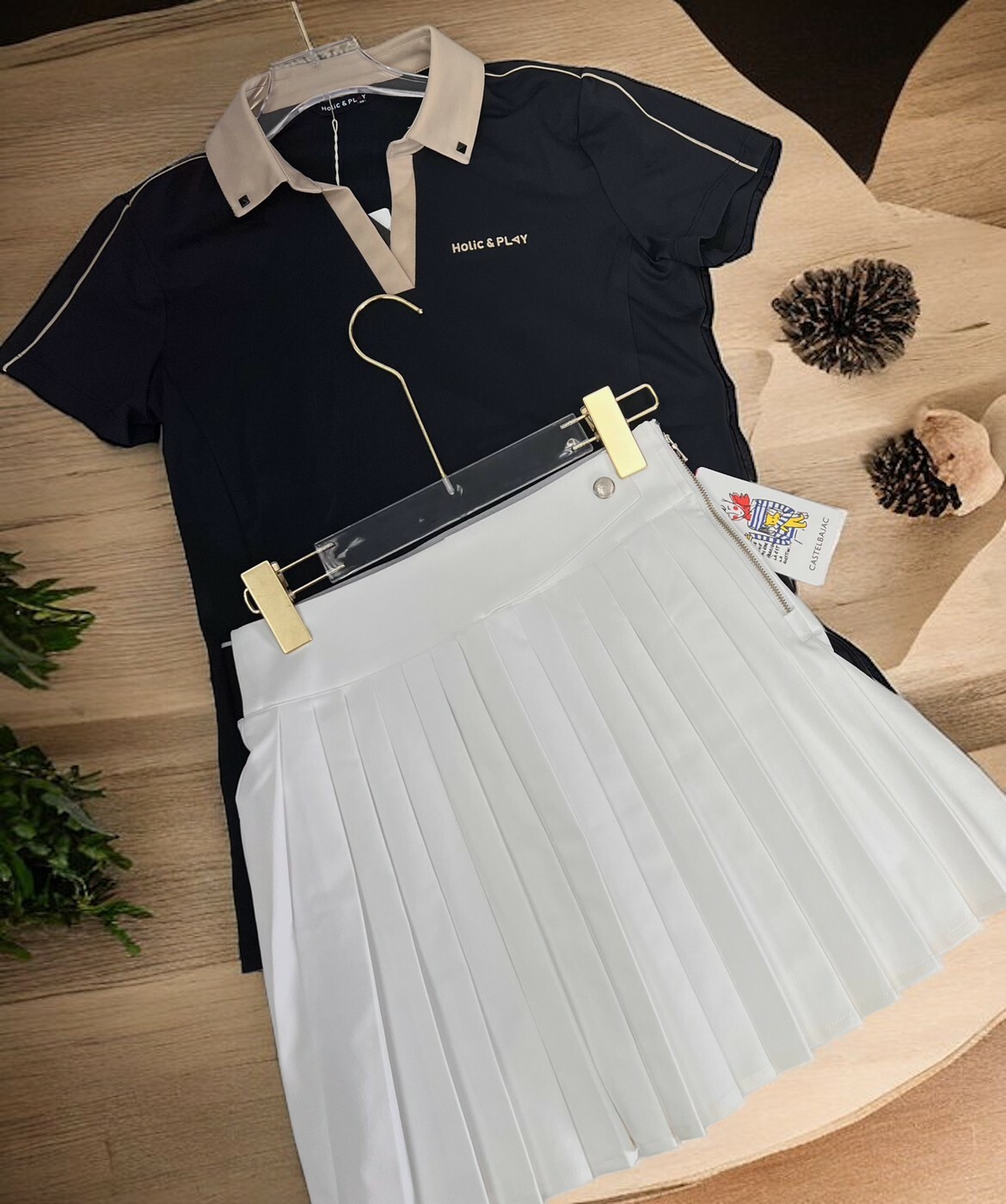 女款【現貨】正韓H&P Golf/時尚簡約風雙拼色對比V領短袖T恤/高爾夫球衣