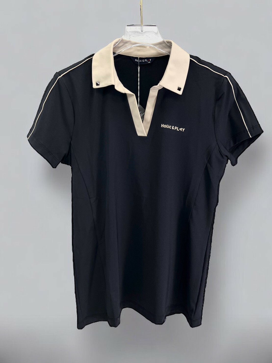 女款【現貨】正韓H&P Golf/時尚簡約風雙拼色對比V領短袖T恤/高爾夫球衣