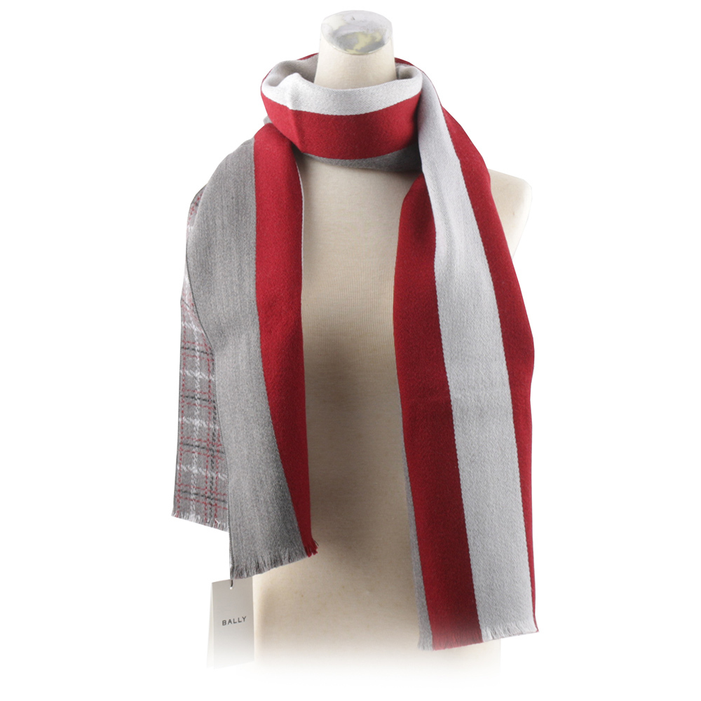 【BALLY】紅白條紋及格紋雙面可用羊毛圍巾(灰色) 6304966