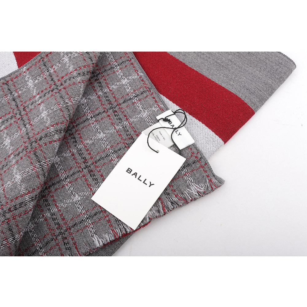 【BALLY】紅白條紋及格紋雙面可用羊毛圍巾(灰色) 6304966
