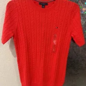[S] TOMMY HILFIGER CABLE KNIT SHORT-SLEEVE SWEATER,ORANGE, 76J3594-600 (STH492)