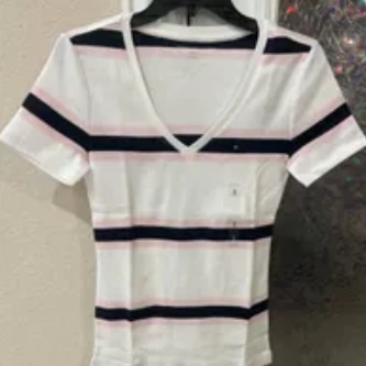 [S] TOMMY HILFIGER STRIPED V-NECK T-SHIRT,WHITE, 76J4358-100 (STH493)