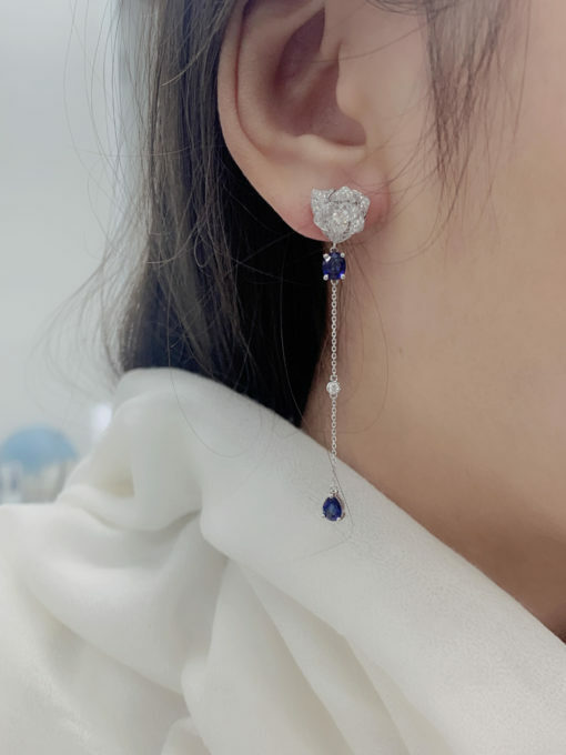 18K White Gold Sapphire Rose Diamond Earrings