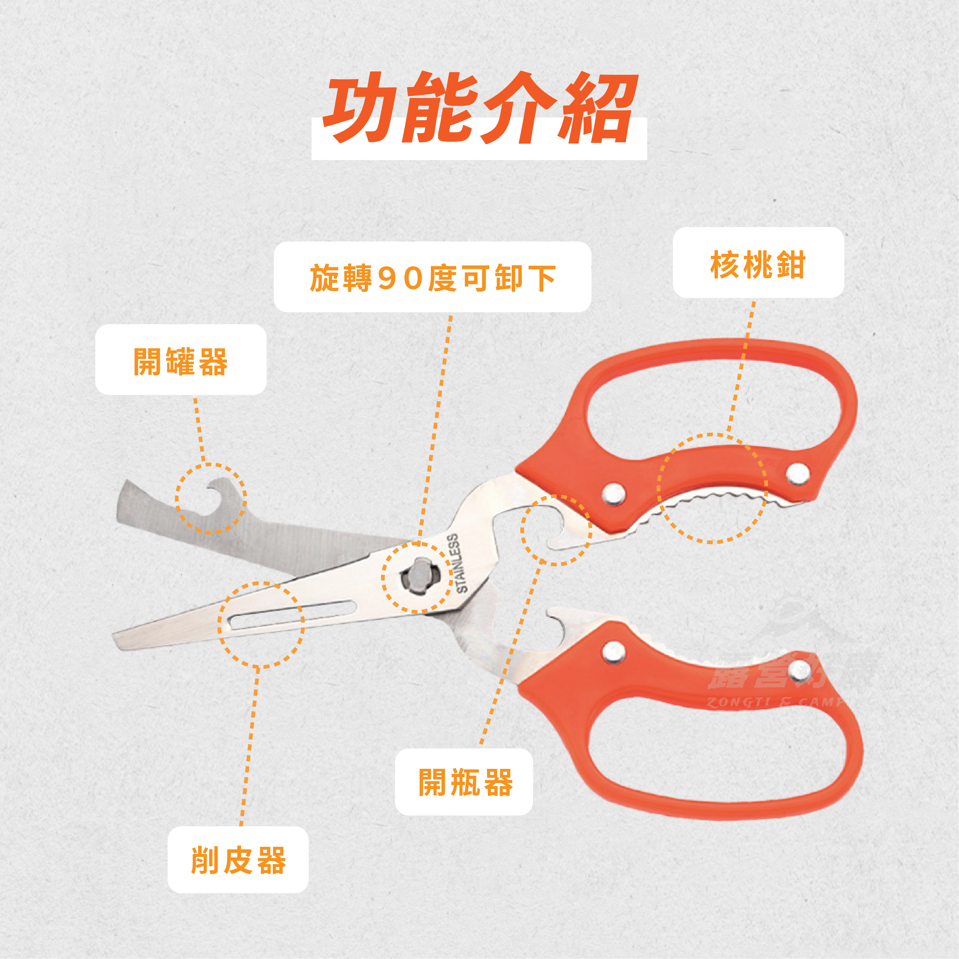 【Campingmoon柯曼】 不鏽鋼多用剪刀 J001 CA13