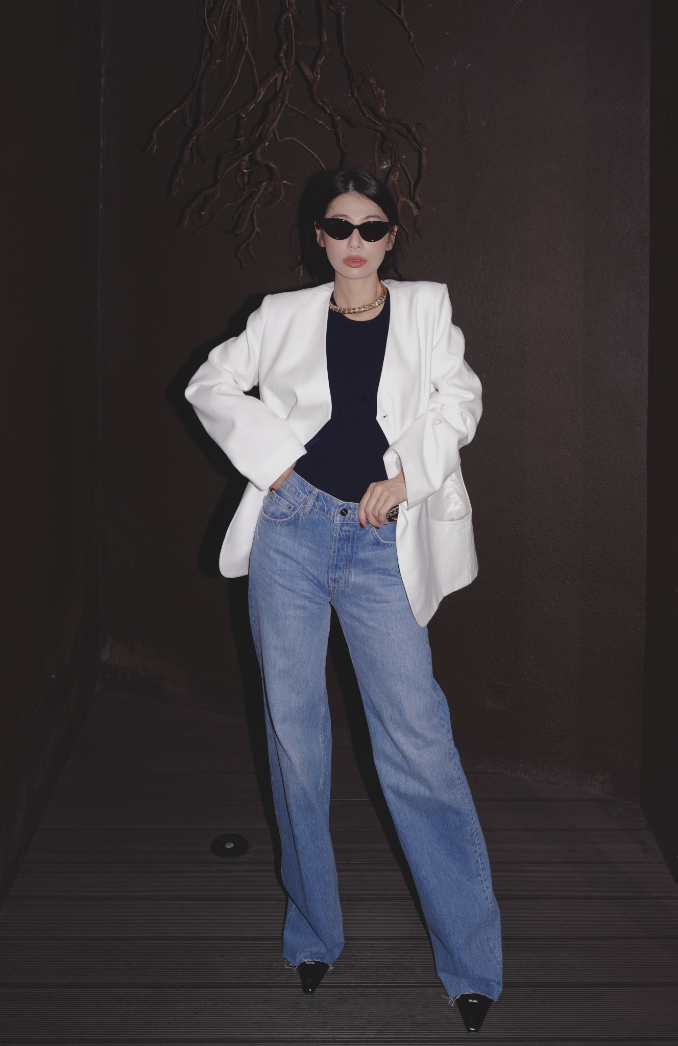 HANAA秋季新款港風復古白色西裝外套寬鬆百搭休閑V領西服上衣