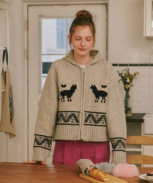 RONRON ALPACA JACQUARD HOOD ZIP-UP KNIT
