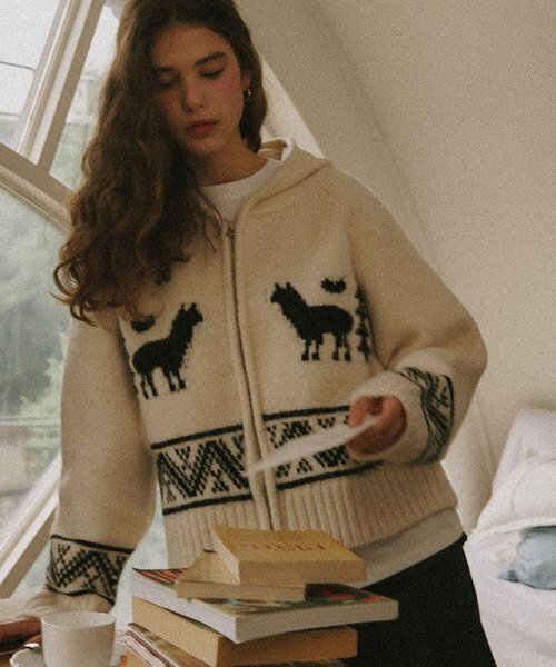 RONRON ALPACA JACQUARD HOOD ZIP-UP KNIT