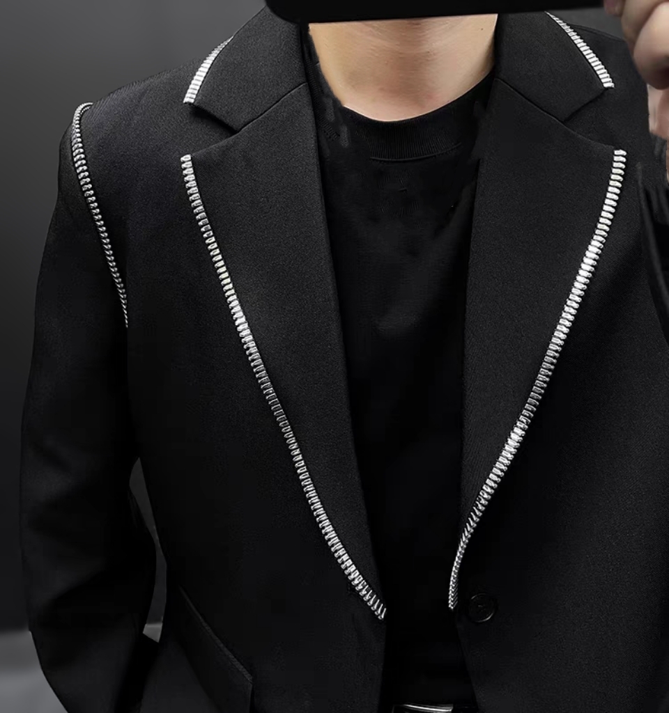 肩處翻領拉鍊造型雙扣西裝外套