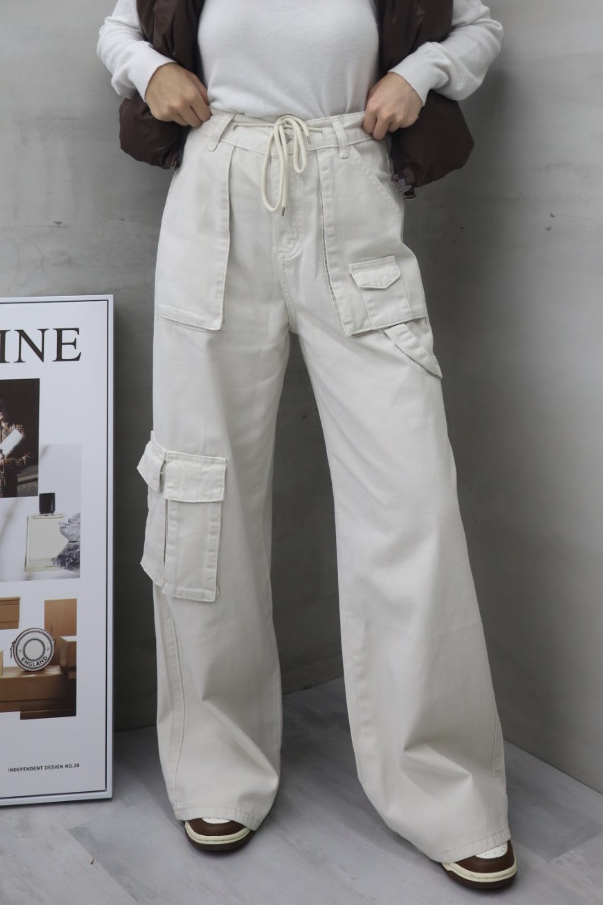 工裝風低腰抽繩牛仔寬褲