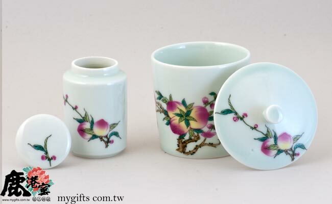 陶瓷個人旅行茶具組｜粉彩壽桃一杯一罐 便攜式品茗套裝
