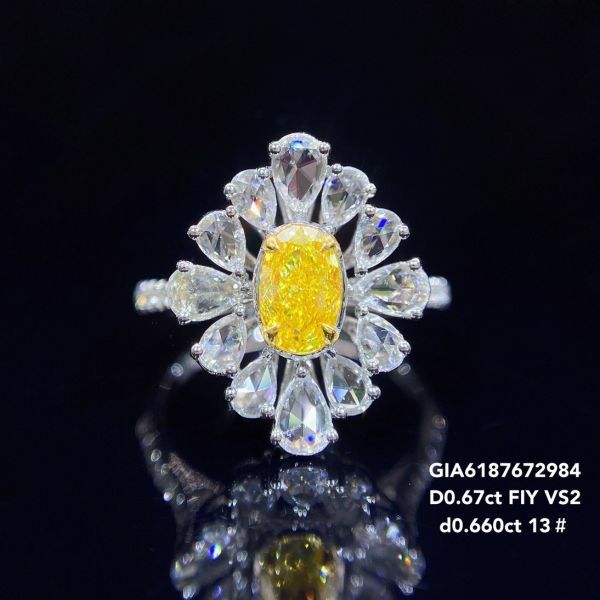GIA 黃鑽橢圓玫瑰白水滴女戒