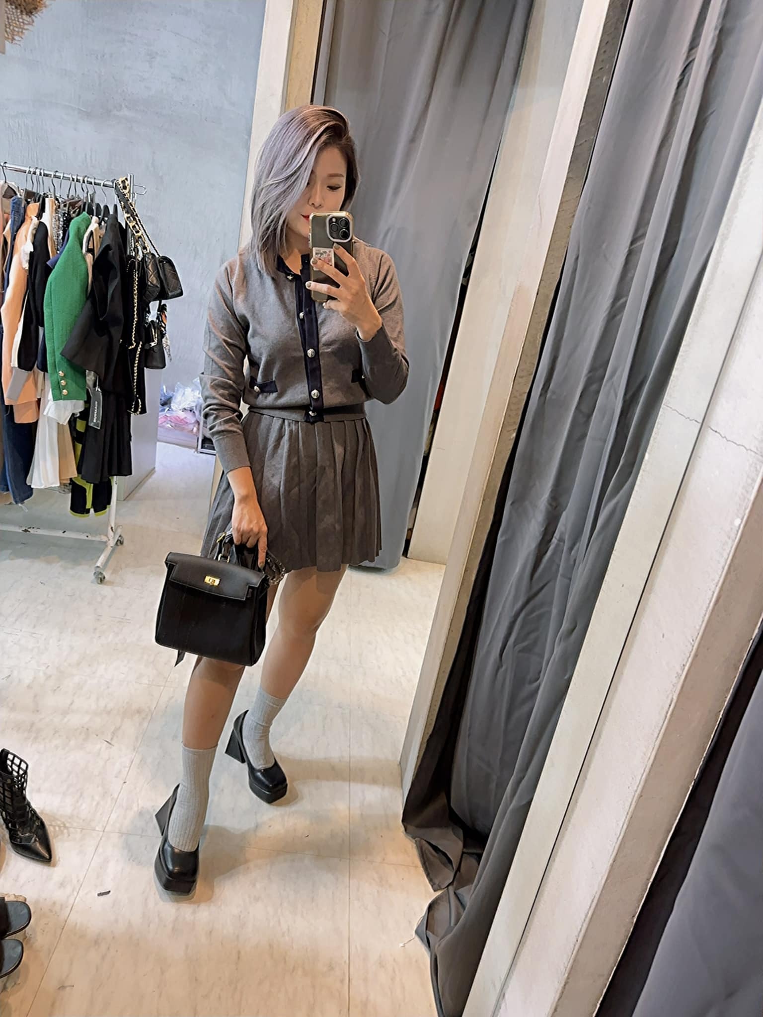 撞色針織外套+百褶裙 (灰/小雞黃/粉)