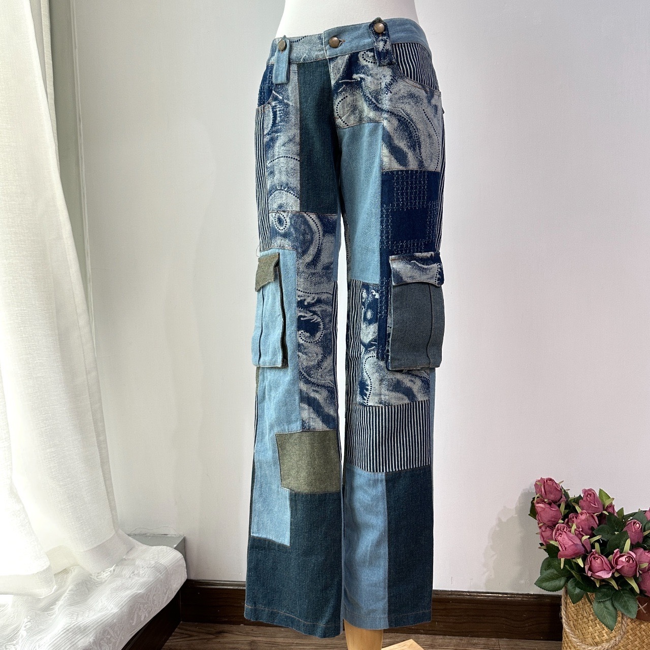 香港製拼布感修身牛仔褲