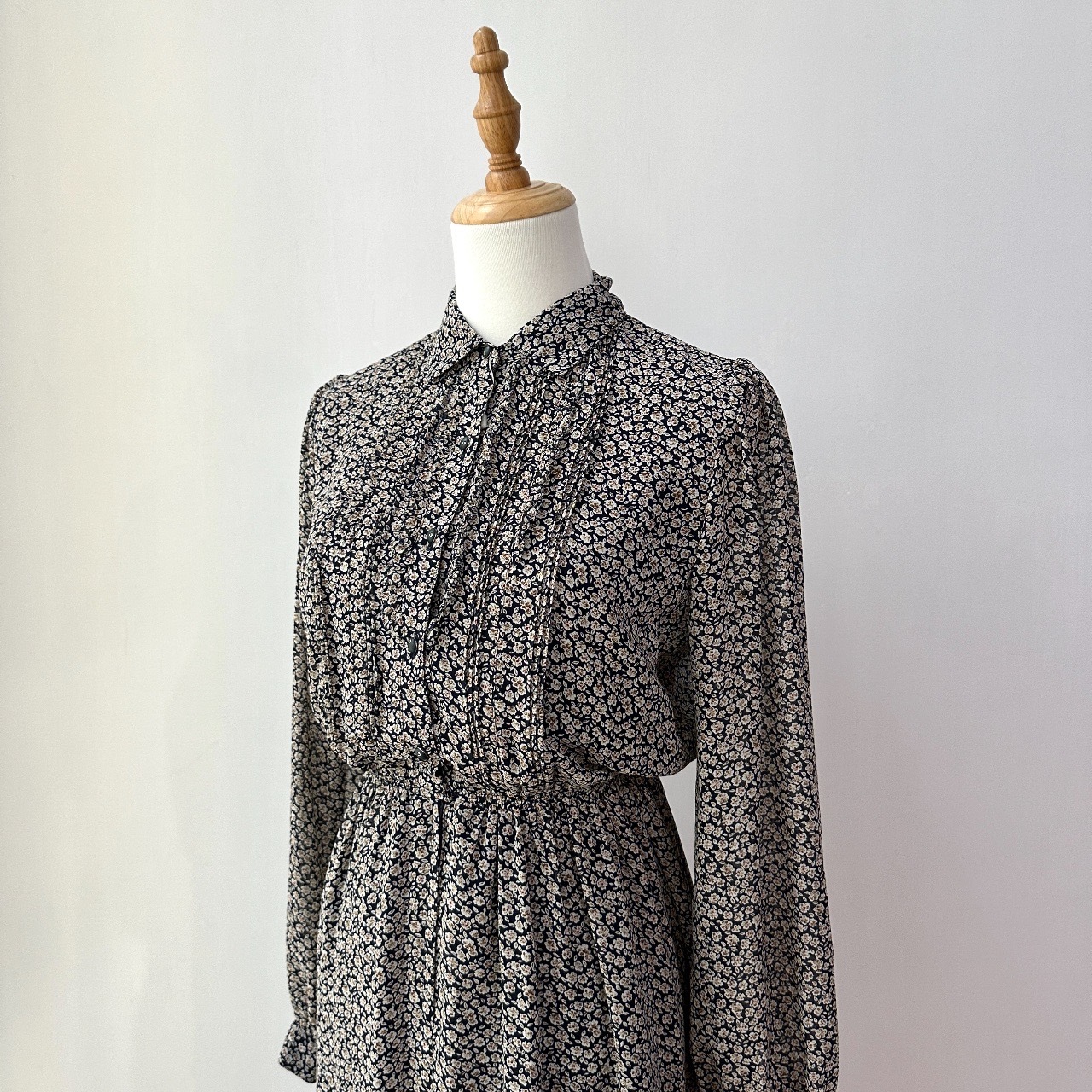 深藍碎花雪紡長袖連身裙