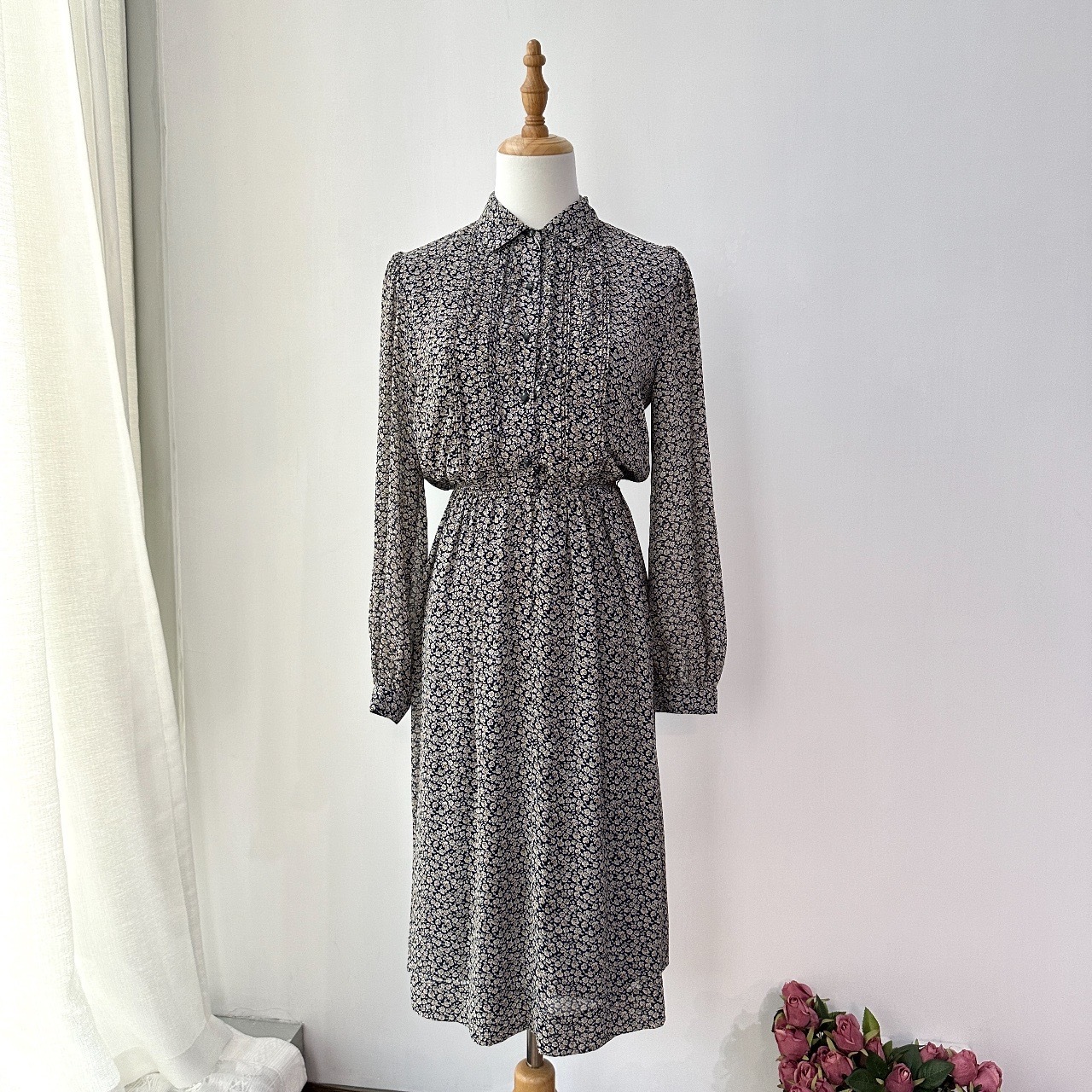 深藍碎花雪紡長袖連身裙