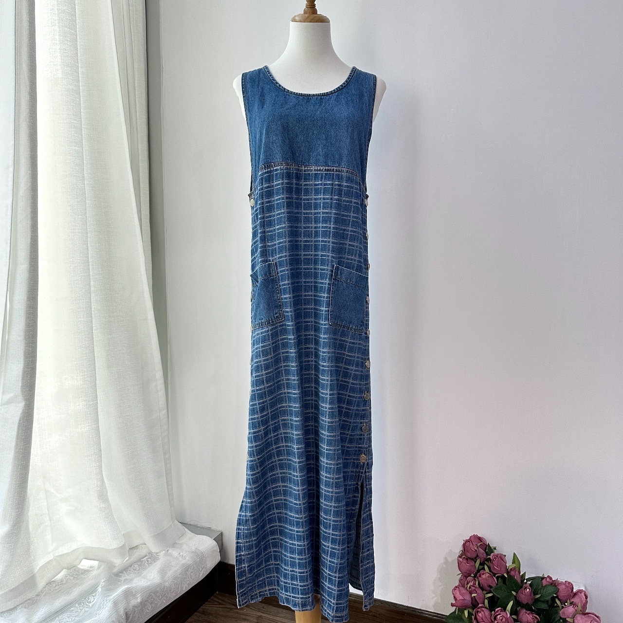 薄身格紋背心牛仔裙