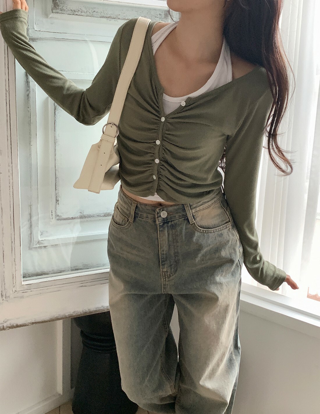 韓國Dejou授權 甜酷三色皺褶排扣修身上衣