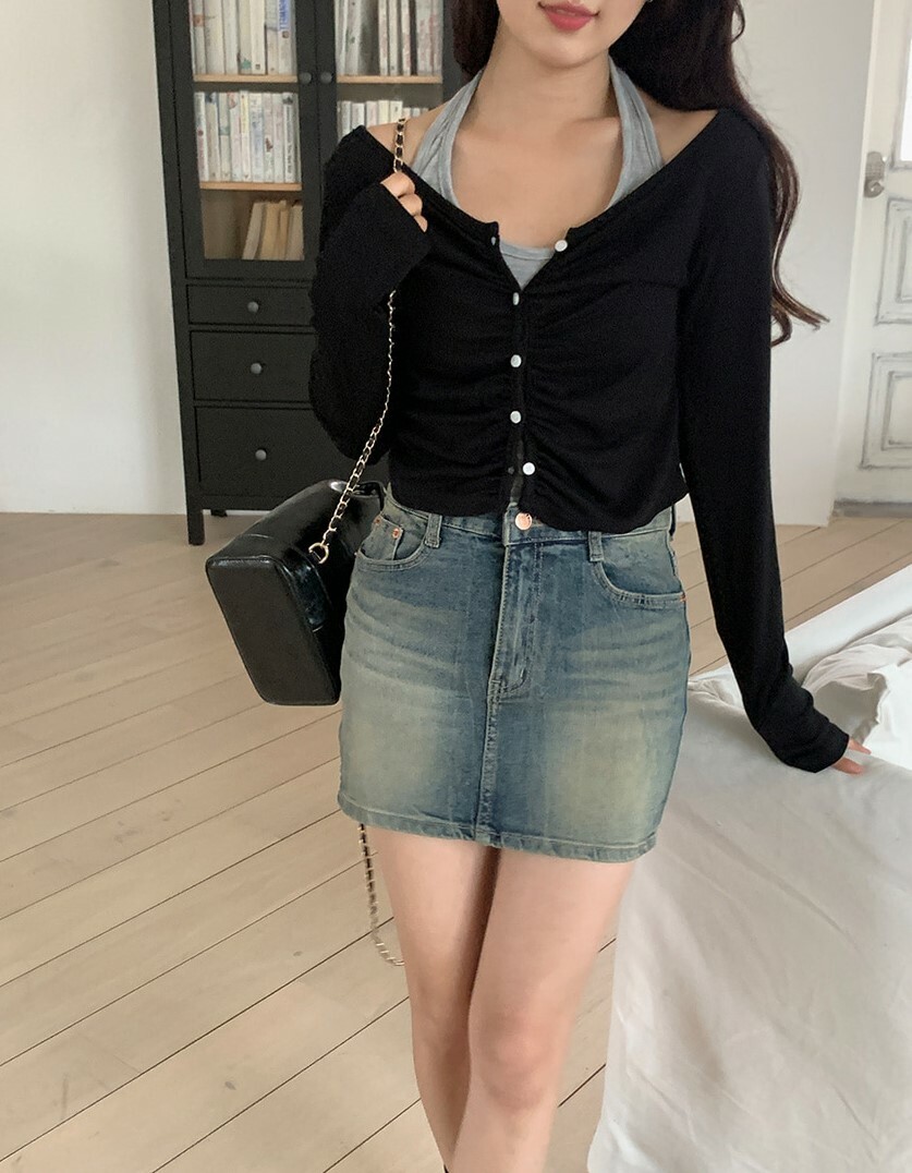 韓國Dejou授權 甜酷三色皺褶排扣修身上衣