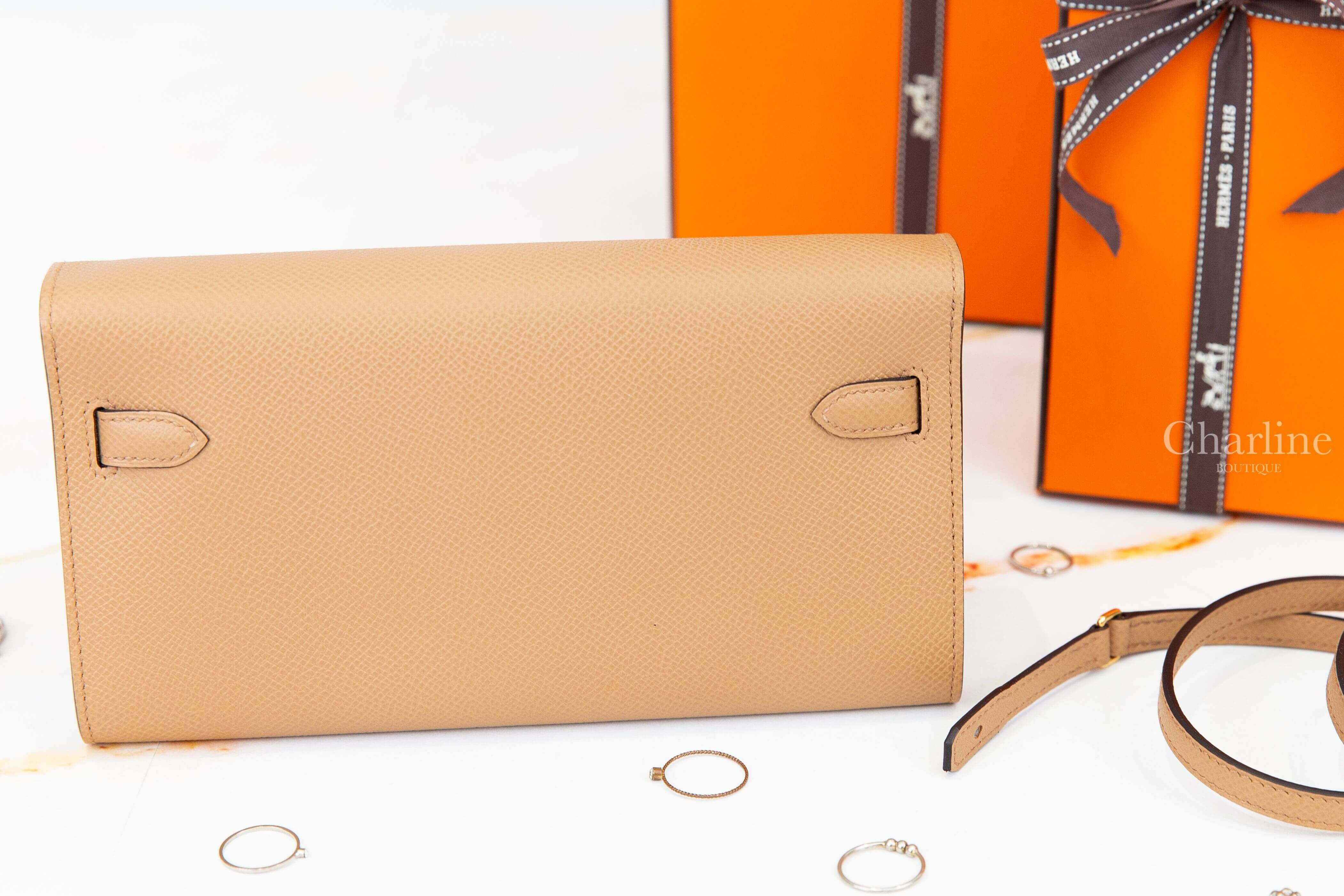 Hermès Kelly Classique To Go Wallet 0M Chai / X9 Mauve Sylvestre Epsom B刻馬薩拉茶色拼錦葵粉內裡金釦凱莉肩背包-Charline Boutique 精品代購