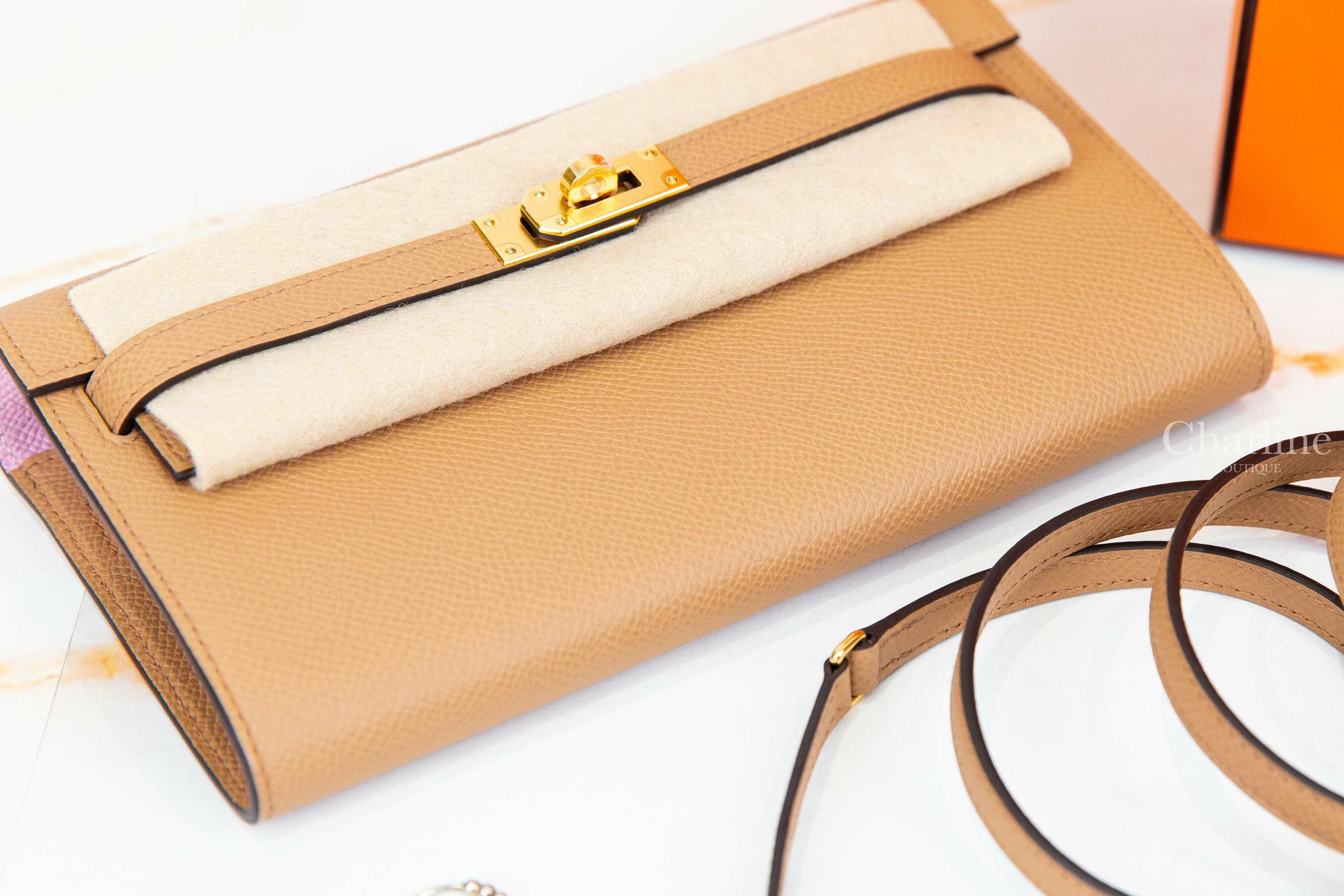 Hermès Kelly Classique To Go Wallet 0M Chai / X9 Mauve Sylvestre Epsom B刻馬薩拉茶色拼錦葵粉內裡金釦凱莉肩背包-Charline Boutique 精品代購