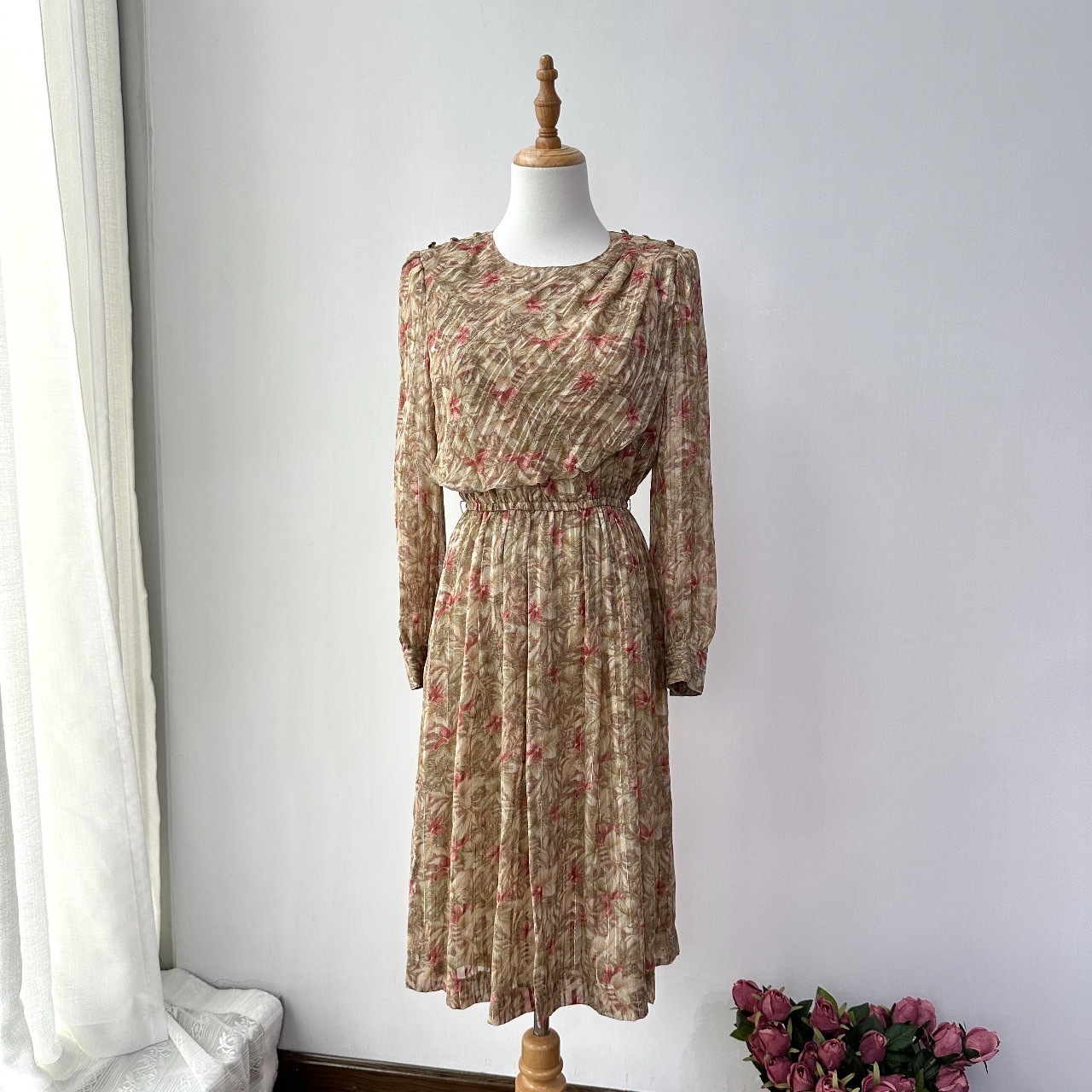 Christian Ada 杏色花影銀蔥點綴連身裙