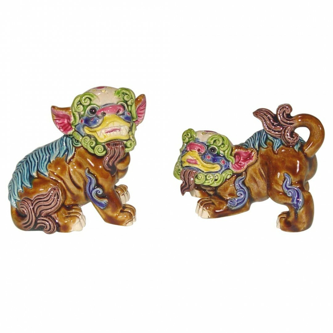 交趾陶｜悠閒小對獅