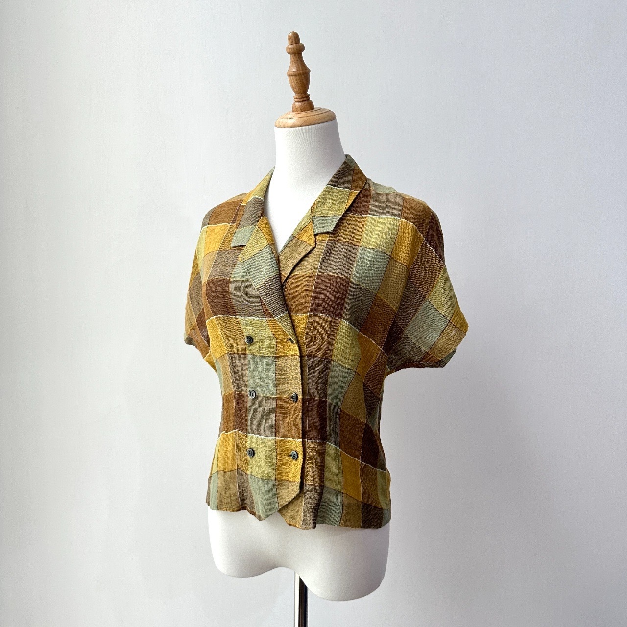 黃啡大格紋雙排扣上衣