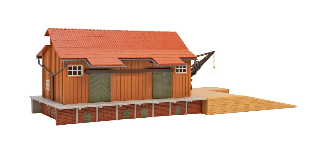 Vollmer 45701 HO scale Freight shed with side platform and loading crane, kit.