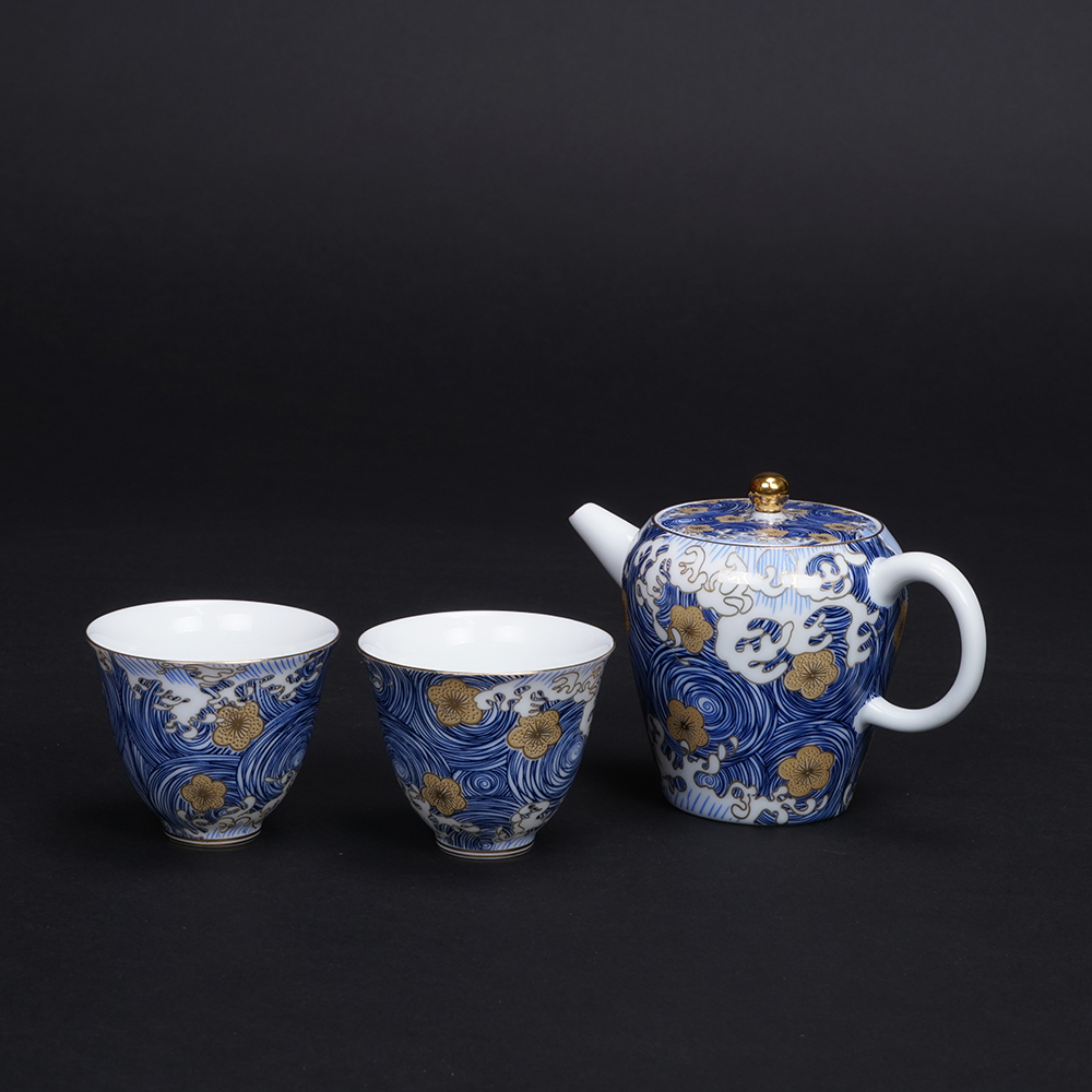 星月浪花描金茶具組｜高質感禮盒1壺2杯送禮首選