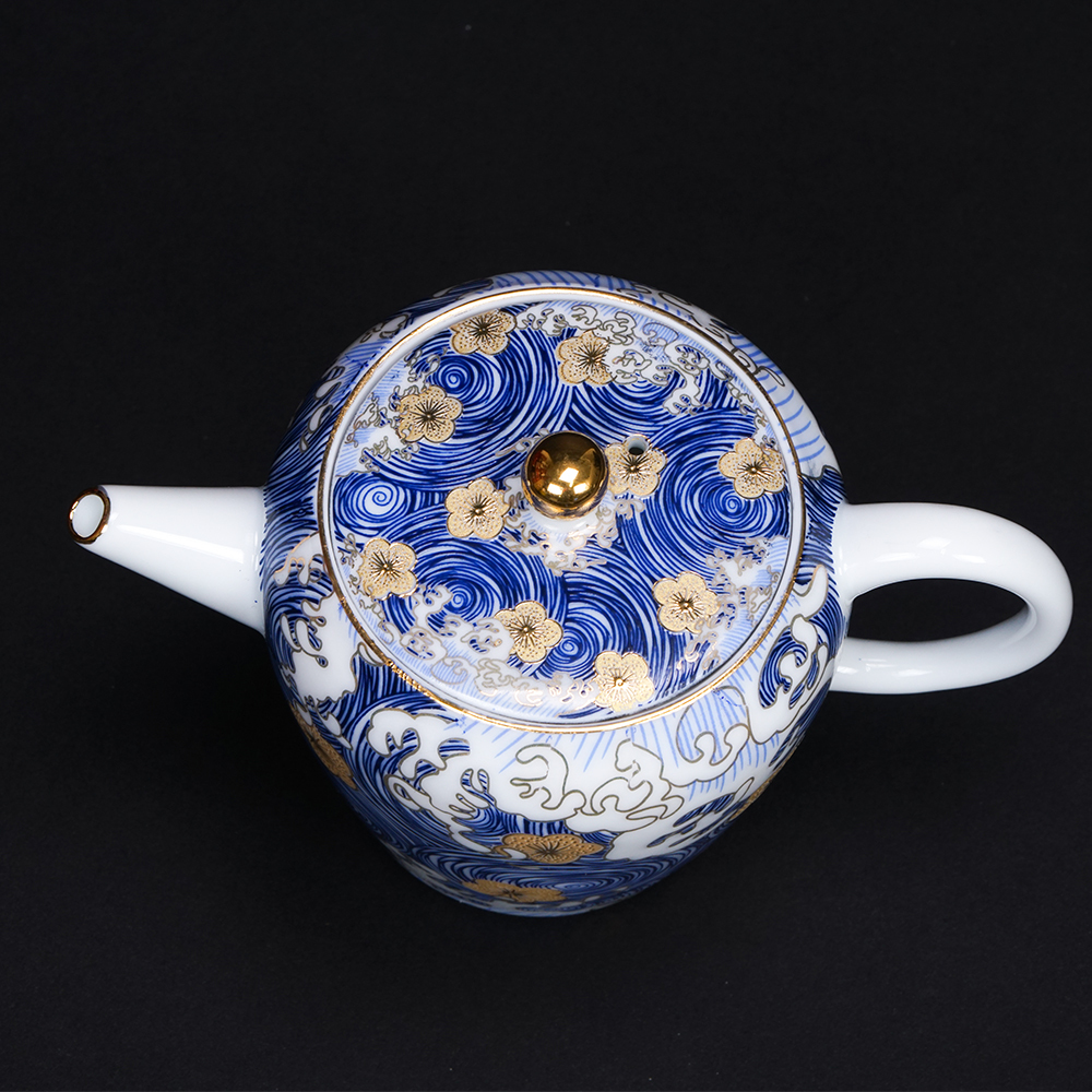 鹿港窯禮品館｜星月浪花描金茶具組高質感禮盒1壺2杯送禮首選