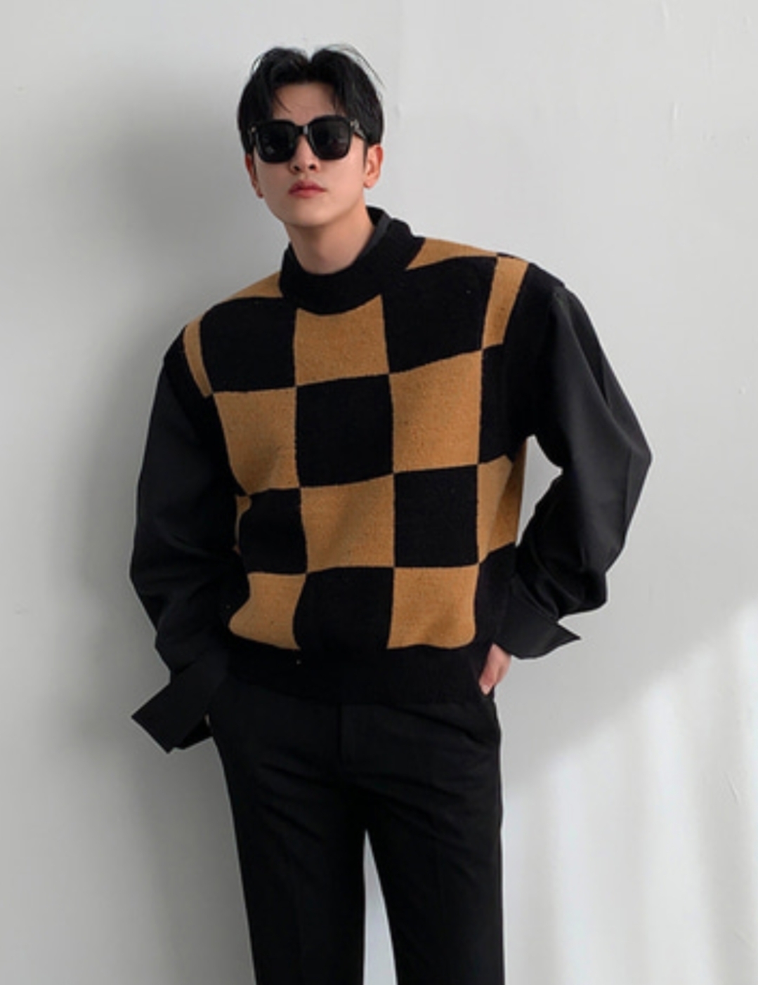 (韓國限時特價) 配色棋盤格紋圓領針織背心