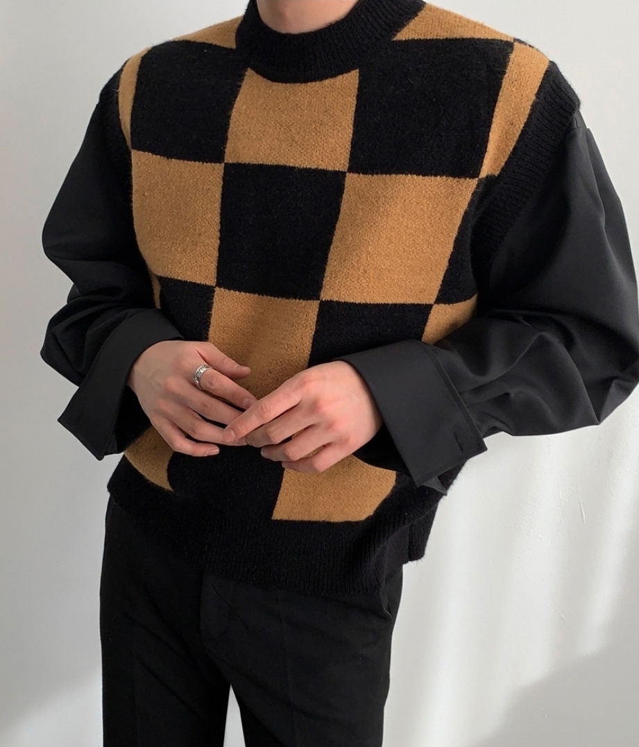 (韓國限時特價) 配色棋盤格紋圓領針織背心