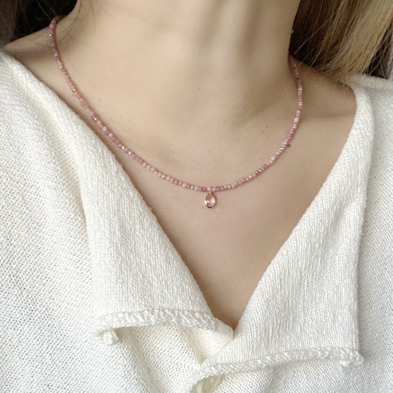 14k紅紋石粉晶cutting ball水滴項鍊