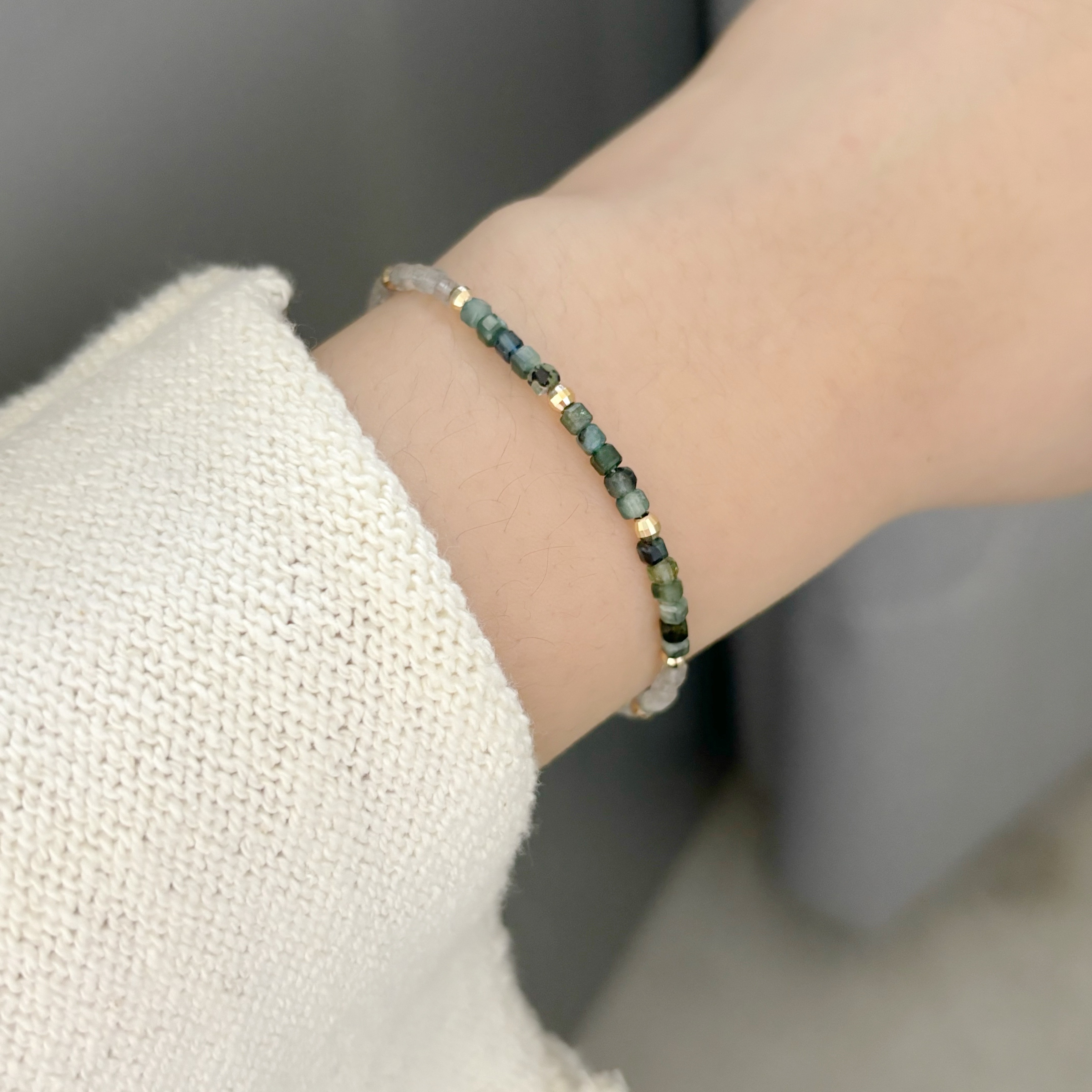 14k綠碧璽拉長石方塊手工手環