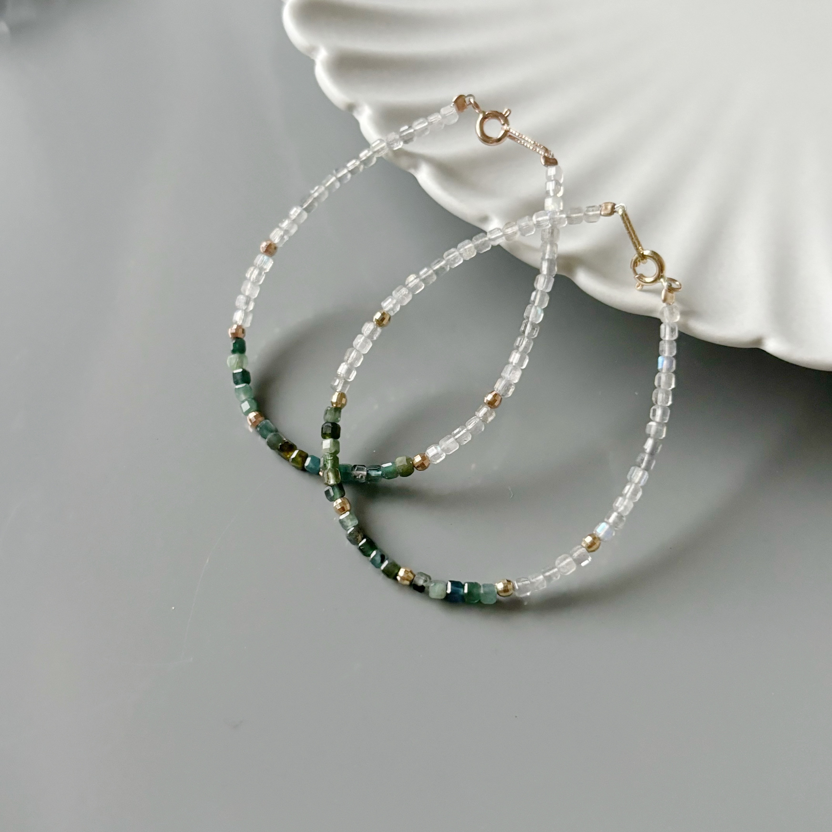 14k綠碧璽拉長石方塊手工手環