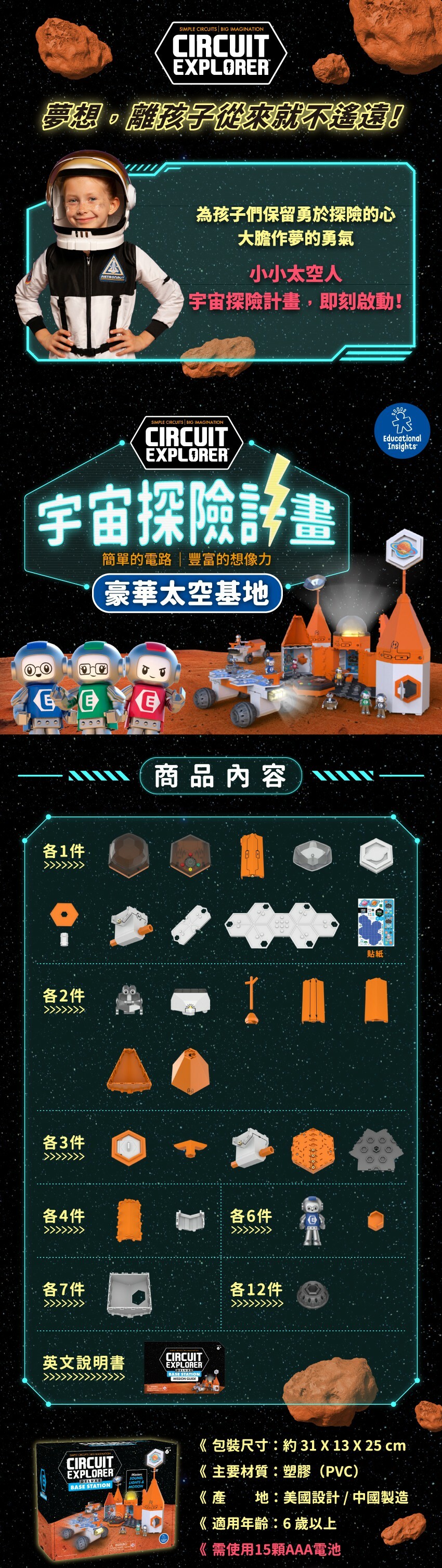 兒童電路玩具入門！宇宙探險計畫-豪華太空基地。包裝尺寸：約31X13X25cm，主要材質：塑膠(PVC)，產地：美國設計/中國製造，適用年齡：6歲以上，需使用15顆AAA電池。